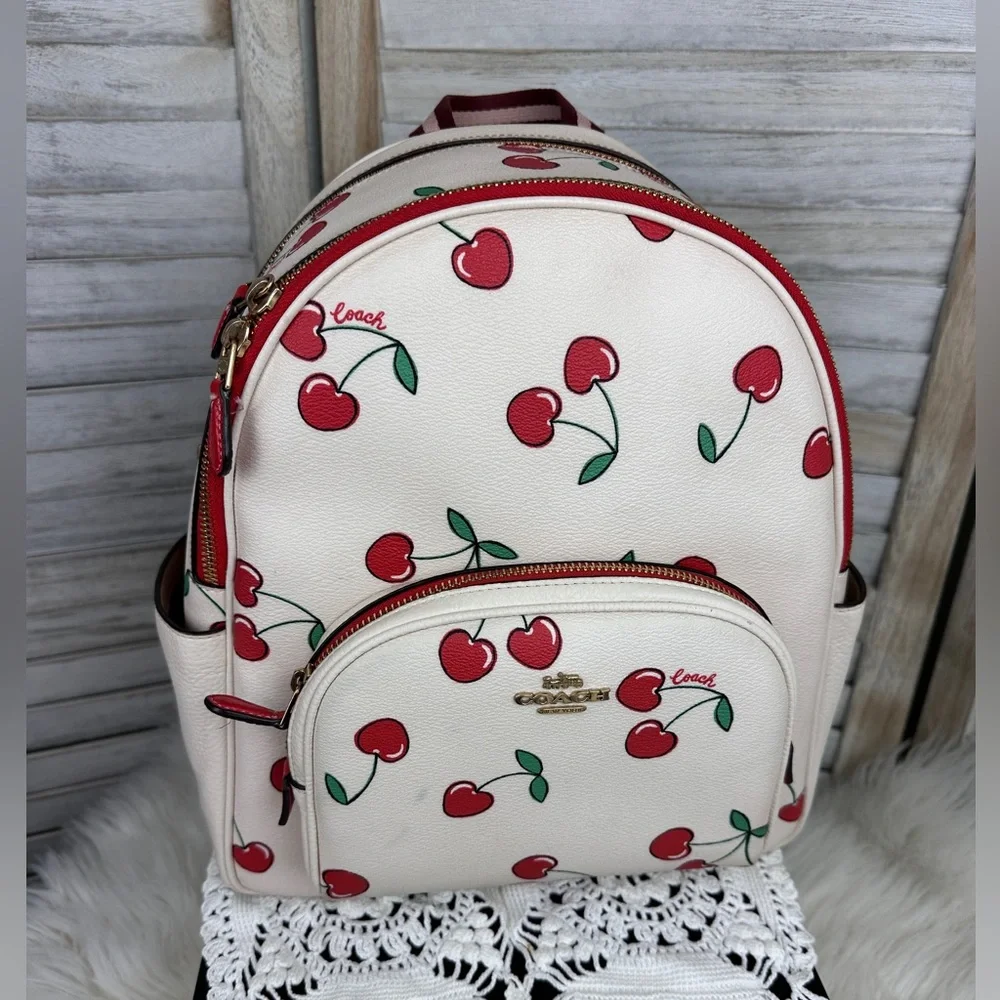 White Leather Coach Court Backpack Heart Cherry Print Limited Edition - Picture 2 of 13